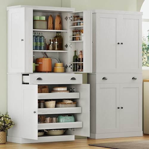IRONCK 72" Kitchen Pantry Cabinet with Drawer and Sliding Racks, White |...