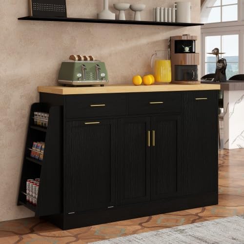 Rolling Kitchen Island with Trash Can Storage Sideboard, Black | Portable &am...