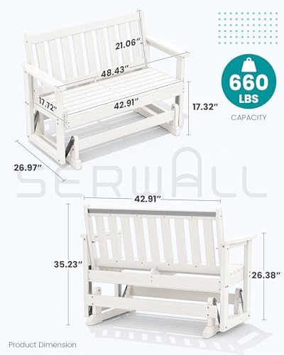 SERWALL 2 Person Patio Glider Bench, HDPE All Weather Swinging Bench, White