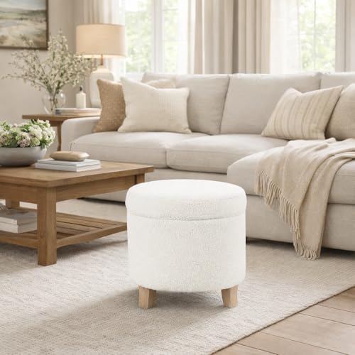 HomePop 19" Faux Sheepskin Round Storage Ottoman - Light Cream