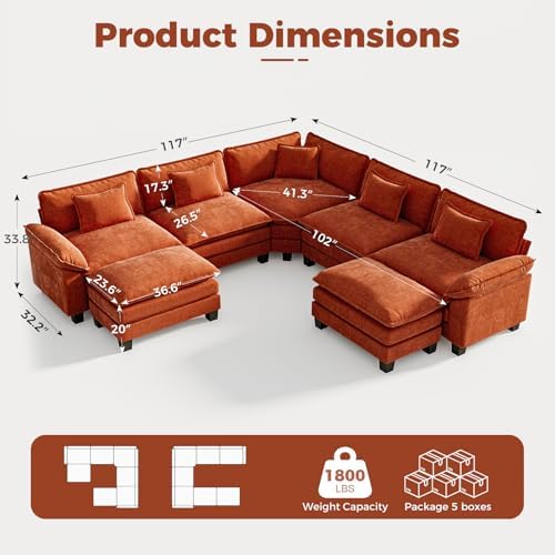 CDCASA 117" Oversized Modular Sectional Sofa with Corner, Comfy V-Shaped...