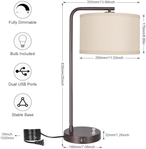 25" Tall Table Lamp with USB C+A Ports, Fully Stepless Dimmable Modern M...