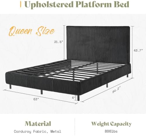 AMERLIFE Queen Bed Frame, Upholstered Metal Platform Bed, Black