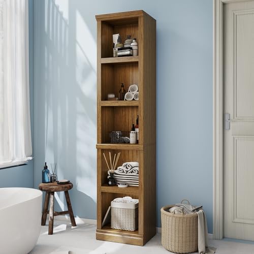 70" Tall Vintage Oak Bookcase, 5 Tiers Narrow Bookshelf for Living Room