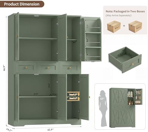 HOSTACK 67"H Farmhouse Kitchen Pantry Storage Cabinet with 3 Drawers, Gr...