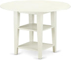 East West Furniture SUDA5-LWH-W 5 Piece Dining Room Furniture Set Includes a Round Kitchen Table with Dropleaf & Shelves and 4 Dining Chairs, 42x42 Inch, Linen White