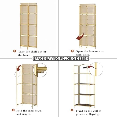 Crofy 4-Tier Foldable Bookshelf, Gold Frame & Walnut Shelves