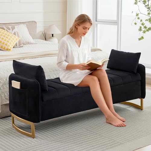66" End of Bed Storage Bench King Size, Storage Benches for Bedroom, Bla...