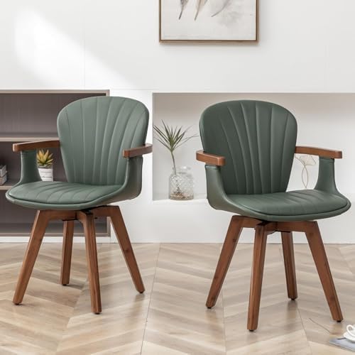 LUNLING Swivel Dining Chairs, Mid Century Modern Green Faux Leather Kitchen C...
