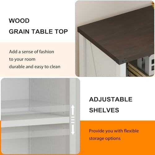 BON AUGURE Farmhouse 3 Tier Bookshelf, Wood Bookcase, White Oak & Walnut