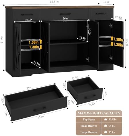 HOSTACK Kitchen Buffet Sideboard Storage Cabinet, Coffee Bar Cabinet, Black