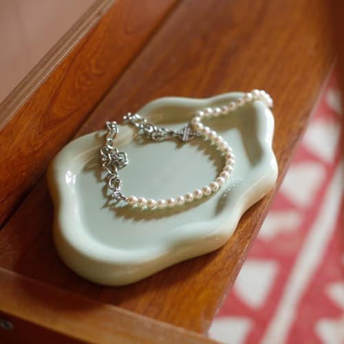 Jewelry Dish Trinket Tray for Women, Ring Dish Holder, Unique Cloud Shape Ceramic Plate Cute Things Vanity Aesthetic Room Decor Mother's Day Birthday (Mint Green)