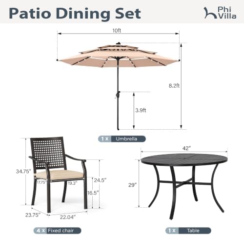 PHI VILLA Outdoor Round Table Set w/Umbrella, 5pc Patio Metal Furniture