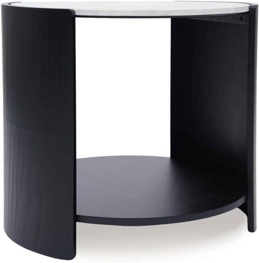 DDAYALANE Farmhouse Wooden Bedside Table for Living Room, White Faux Marble T...