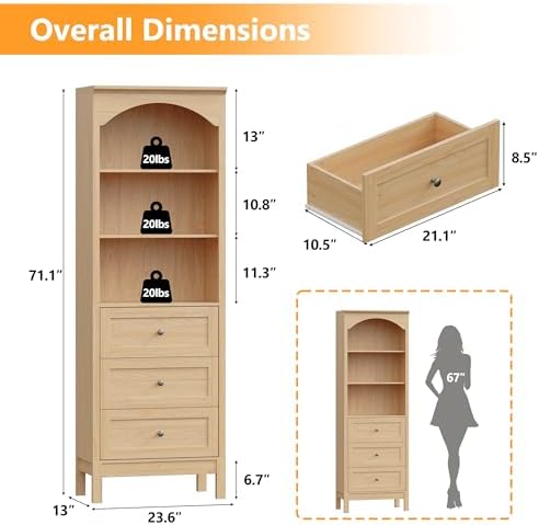 Arched Bookshelf,3 Tier Tall Bookcase with Adjustable Shelves and Drawers