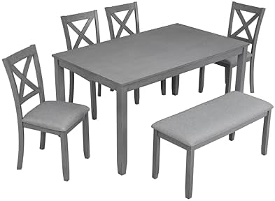 Merax 6-Piece Solid Wood Dining Table Set, Wooden Legs, Gray