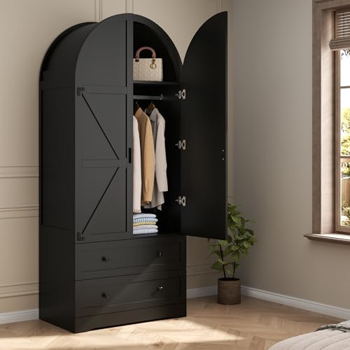 Gyfimoie Black Armoire Wardrobe Closet with 2 Drawers, 75" Wooden Wardro...