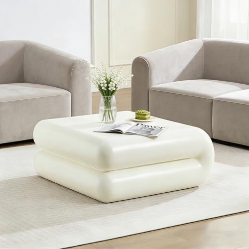 31.5" Modern White Coffee Table, Stone Coffee Table, Square Minimalist C...
