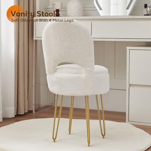 BRIAN & DANY Vanity Chair with Storage and Folding Back, Faux Fur Round S...