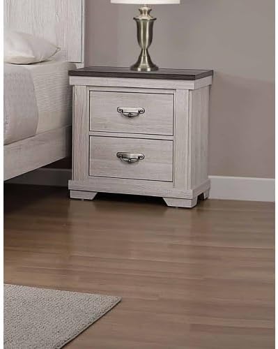 2-Drawer Rustic End Table with Gray Top, White Finish, Metal Pull, Nightstand...