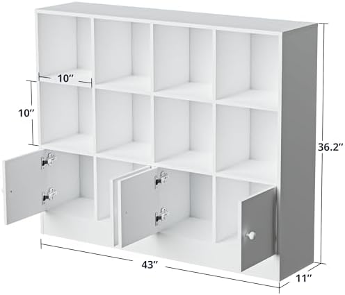 Cozy Castle White Wood Bookcase, 12 Cube Display Shelf with 4 Doors, 3 Tier O...