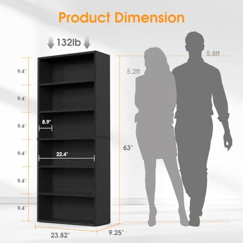 DUMOS 6-Tier Bookcase, 63 Inch Tall Open Bookshelf, Modern Black