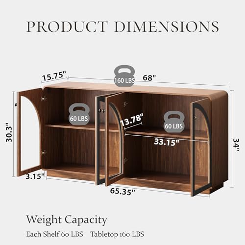 Sideboard Buffet Cabinet with Storage, 68" Walnut Credenza Accent Cabine...