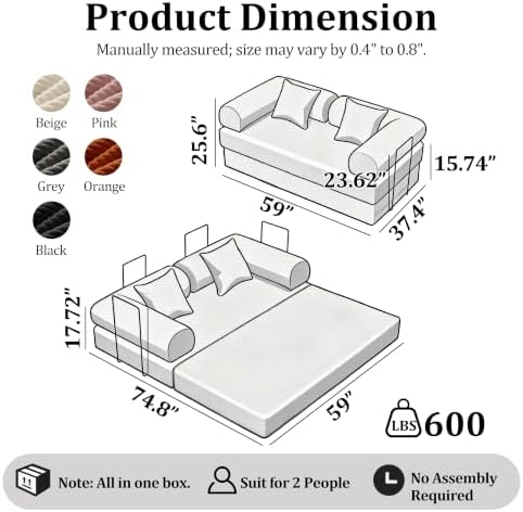 59'' Convertible Compressed Corduroy Folding Cloud Sofa Bed, Modern P...