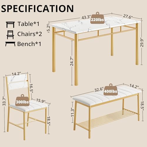 IRONCK Dining Table Set for 4, Kitchen Table and Chairs Set, White & Gold...