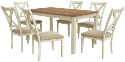 LUXOAK 7-Piece Farmhouse Kitchen Table and Chairs Set for 6, Rustic Cream