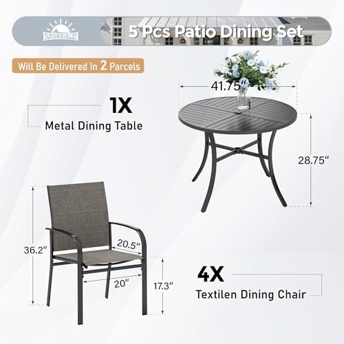 5pc Patio Dining Set for 4, Outdoor 42" Round Metal Table & 4 Brown ...
