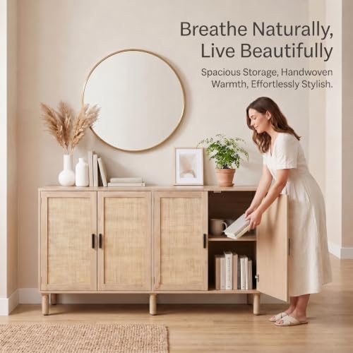 Finnhomy 4 Door Sideboard Buffet Cabinet, Kitchen Storage Cabinet with Rattan...