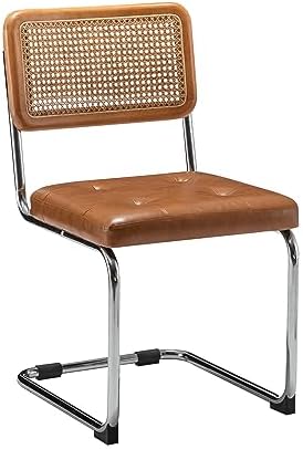 Dining Chairs Set of 4, Natural Rattan Brown Kitchen Side Chairs-PU Seat