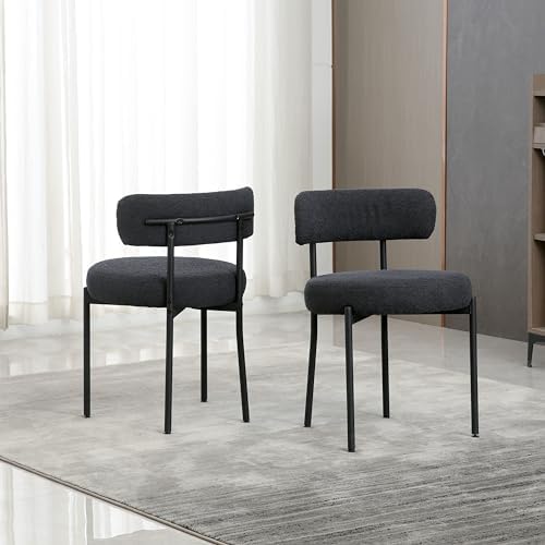 Black Dining Chairs Set of 2 Round Upholstered Boucle Dining Room Chairs, Mid...