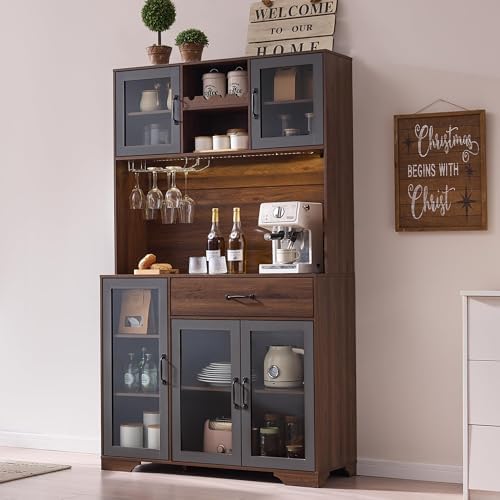 Fatmok 71" Tall Pantry Cabinet with Glass Doors, Kitchen Hutch Storage C...
