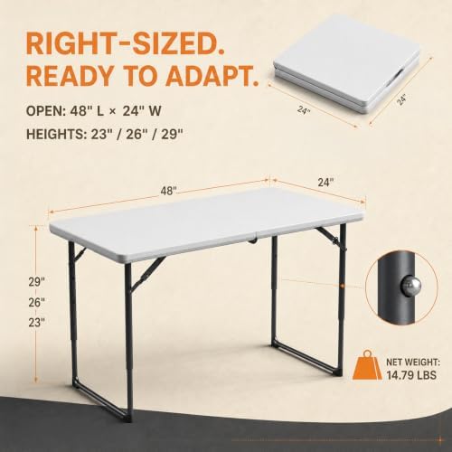 4FT Folding Table 3 Levels Adjustable Height, Heavy Duty Fold-in-Half Portabl...