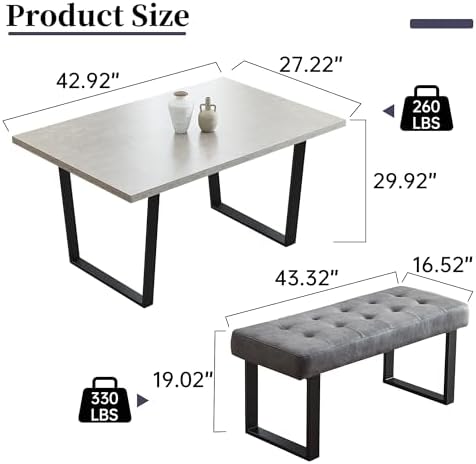 HIPIHOM Dining Table Set with Bench, Grey Table with Grey Right Seat Bench | ...