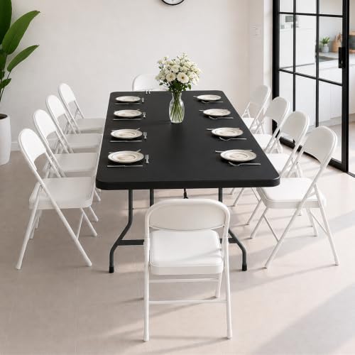 8FT Black Plastic Folding Table Set with 10 White PU Padded Chairs