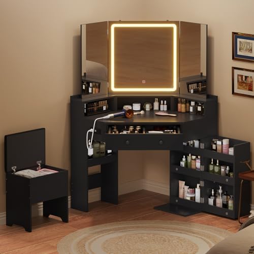 HAUOMS Corner Vanity Desk with Mirror Lights & Storage Bench, Black | Mak...