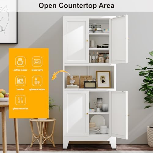 YAUWOH 69" Tall Metal Kitchen Pantry Cabinet with Microwave Shelf, 4 Doo...