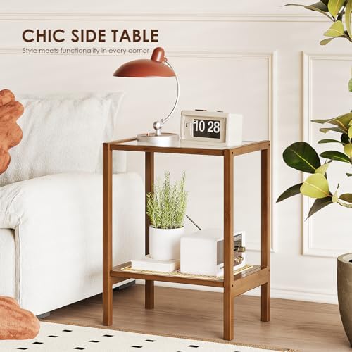 Bamworld Rattan Side Table Boho End Table 2-Tier with Storage Living Room