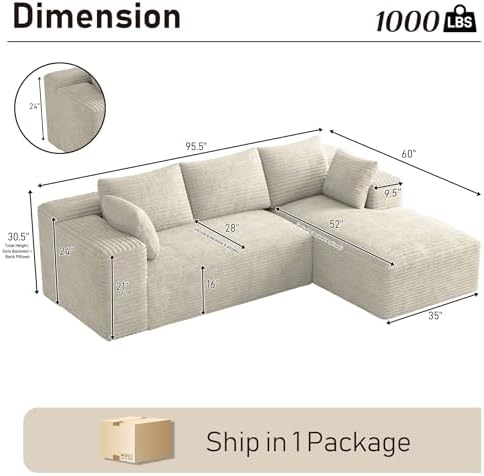 ONEMMLION 96" L-Shaped Cloud Couch Sofa with Chaise, Beige White