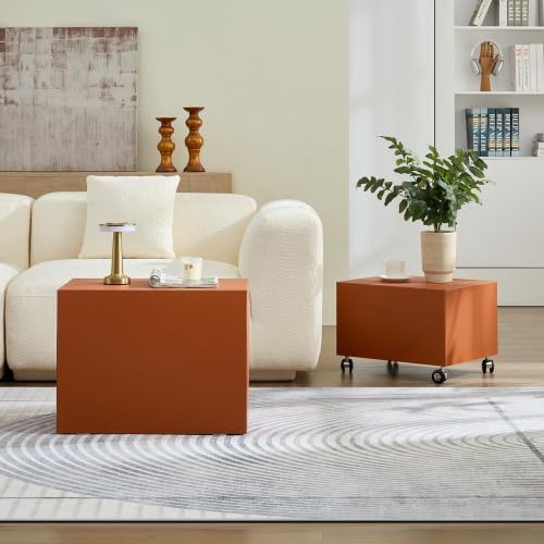 2-Piece Small Cube Side Table and Rolling Side Table Set | Modern Movable End...