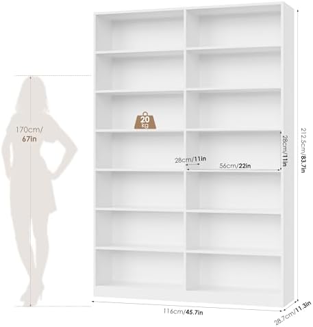 FACBOTALL 83.7" Tall Bookshelf and Bookcase,7-Tier Double Bookshelves White