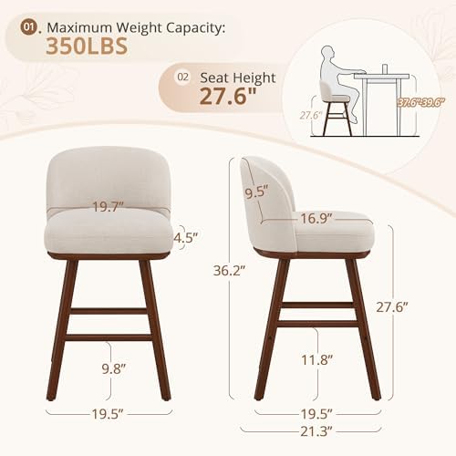 LUE BONA Bar Stools Set of 3, 27.6" Wooden Legs, Fabric in Beige