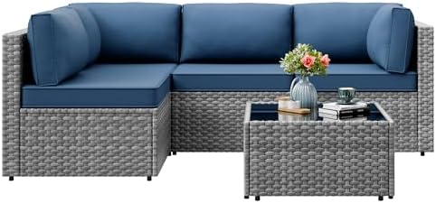 Vongrasig 5 Pieces Patio Furniture Set with Cushion, Glass Table, Navy Blue