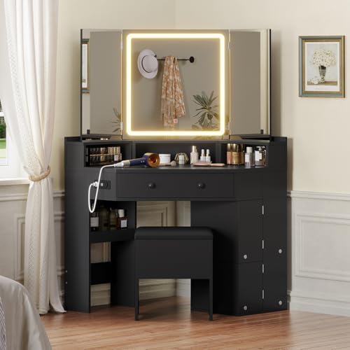 HAUOMS Corner Vanity Desk with Mirror Lights & Storage Bench, Black | Mak...