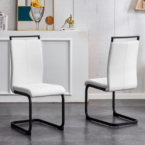 AZmac Modern Leather Dining Chairs Set of 2,Armless Kitchen Chairs,Dining Room Chairs with Upholstered Padded Seat and Sturdy Chrome Legs for Dining Room,Kitchen (Set of 2, White-Black Leg)