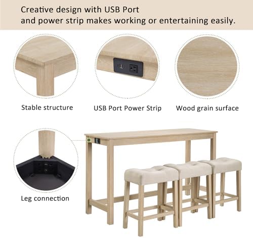 59'' Dining Bar Table and Chairs Set with Power Outlet, 4-Piece Indus...