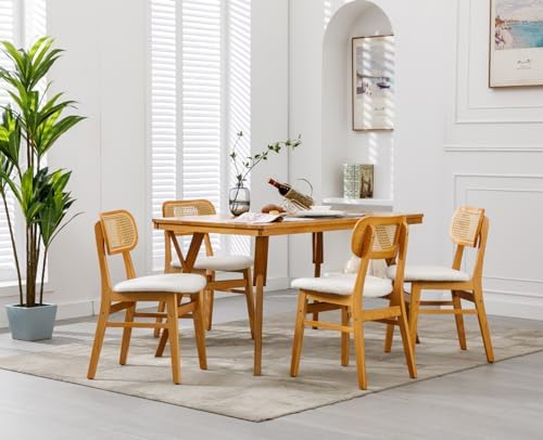 Shunzhi Rattan Dining Chairs Set of 4, Upholstered Farmhouse Dining Room Chai...